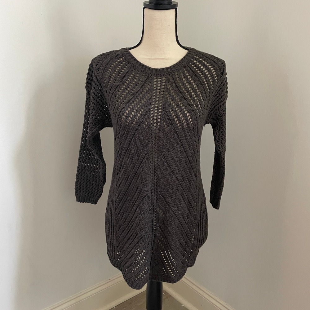 Open Knit Cotton Pointelle‎ Sweater size Medium Chevron Charcoal Grey Boho Chic